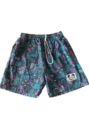VTG 90'S BLACK BLUE ALOHA HAWAIIAN BAGGY SHORTS GRAPHIC TIKI GECKO PRINT Small